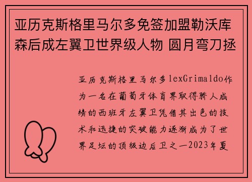 亚历克斯格里马尔多免签加盟勒沃库森后成左翼卫世界级人物 圆月弯刀拯救球队 亚历克斯格里马尔多免签加盟勒沃库森后成左翼卫世界级人物 圆月弯刀拯救球队