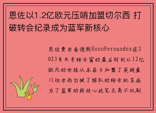 恩佐以1.2亿欧元压哨加盟切尔西 打破转会纪录成为蓝军新核心
