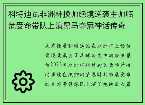 科特迪瓦非洲杯换帅绝境逆袭主帅临危受命带队上演黑马夺冠神话传奇 科特迪瓦非洲杯换帅绝境逆袭主帅临危受命带队上演黑马夺冠神话传奇
